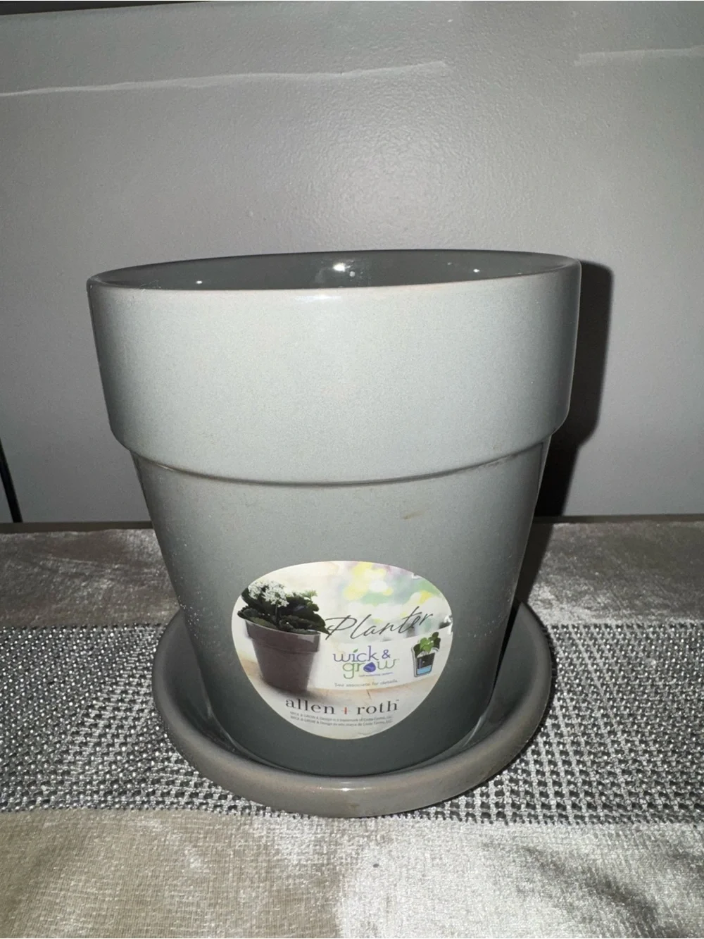 NWT, Allen + Roth Gray Ceramic Planter with Saucer